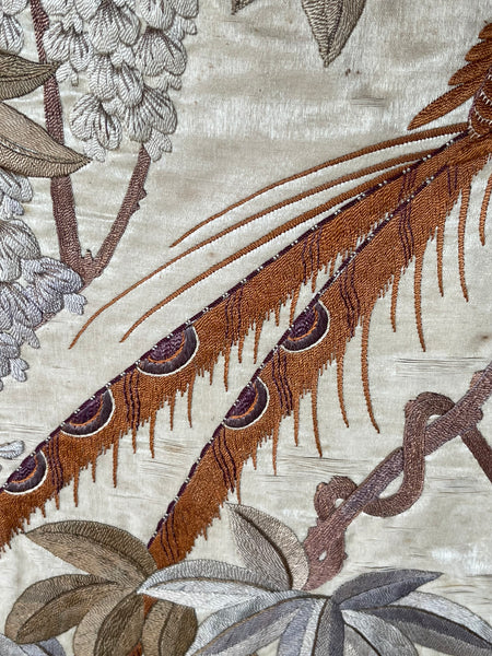 Antique Oval Silk Embroidery with Birds & Butterflies: C19th Qing dynasty, China