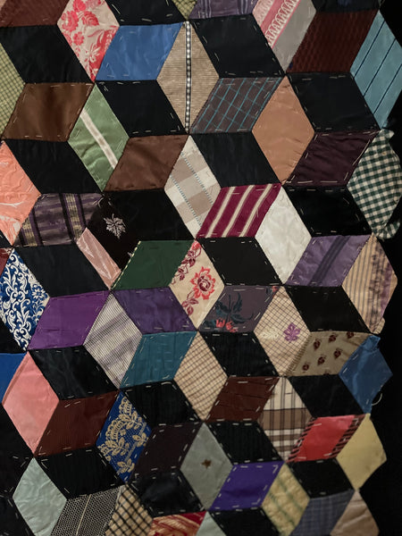 Antique Silk Tumbling Blocks Patchwork Quilt: C19th Britain