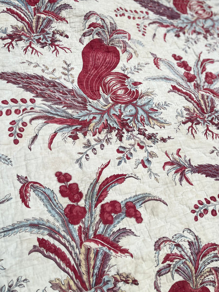 Rare Antique Indiennes Block Print Quilted Panel with Exotic Fruit and Foliage: C18th France