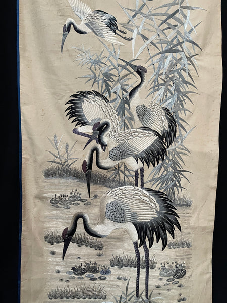 Long Silk Embroidered Wall Hanging with Cranes: C1930 Taiwan for export to Europe