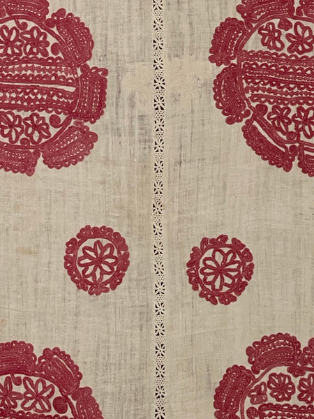 Antique Traditional Folk Embroidered Red and White Embroidered Linen Bedcover: C19th Hungary