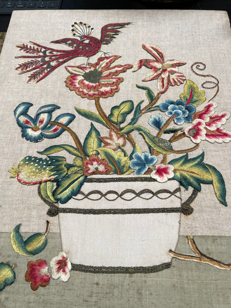 Charming Appliquéd Still Life with Early 18th Century Silk Embroidered Flowers, Bird and Fruit: C1910 English