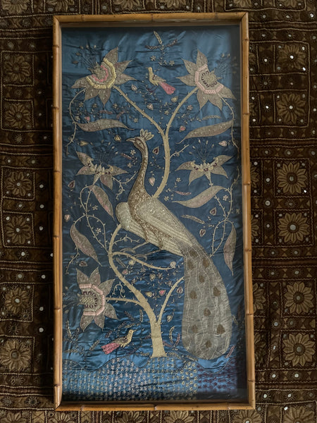 Antique Zardozi Embroidery Peacock & Tree of Life in Original Frame: C1900 India for export