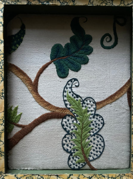 Antique Crewelwork Embroidery in French Hand Painted Wallpaper Covered Frame: C18th England