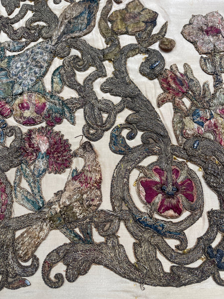 Antique Early Silk and Metal Thread Embroidered Appliqué Panel: C17th Britain