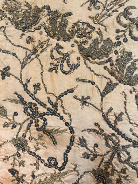 Antique Gilt Thread and Sequin Pink Silk Wallhanging: C18th Ottoman Turkey