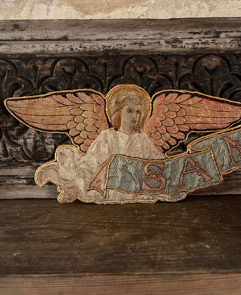 Pair of Fine Silk Embroidered Arts and Crafts ‘Sanctus’ Angel Appliqués :C1890 English