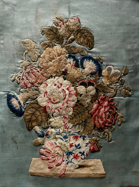 Needlework Tapestry Still Life Vase Garden Flowers: C19th English