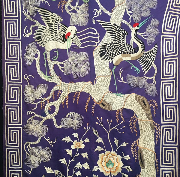 Fine Antique Silk Embroidered Tree of Life Wall Hanging with Cranes: Qing Dynasty, China