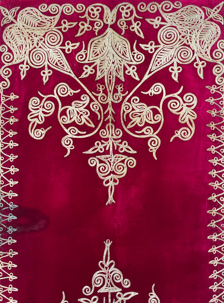 Antique Ottoman Era Magenta Pink Silk Velvet Panel with Traditional Hand Applied Silver Braiding: C19th Algeria