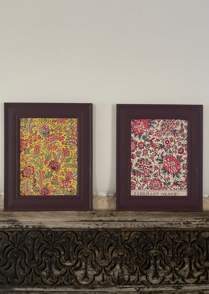 Antique Framed Block Print Hand Painted Wallpaper Samples: C19th Alsace, France