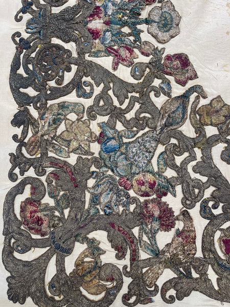Antique Early Silk and Metal Thread Embroidered Appliqué Panel: C17th Britain