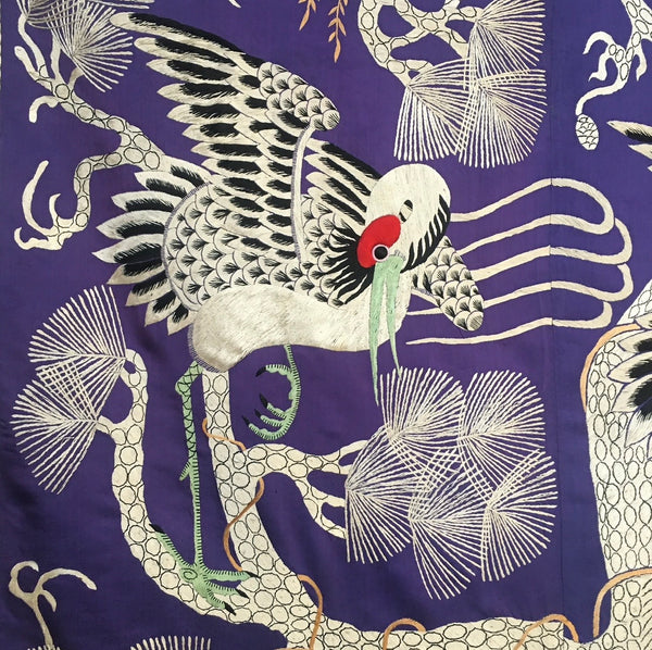 Fine Antique Silk Embroidered Tree of Life Wall Hanging with Cranes: Qing Dynasty, China
