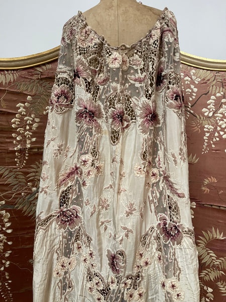 Antique Edwardian Art Nouveau Embroidered and Appliquéd Florals Silk Cape: C1910 France