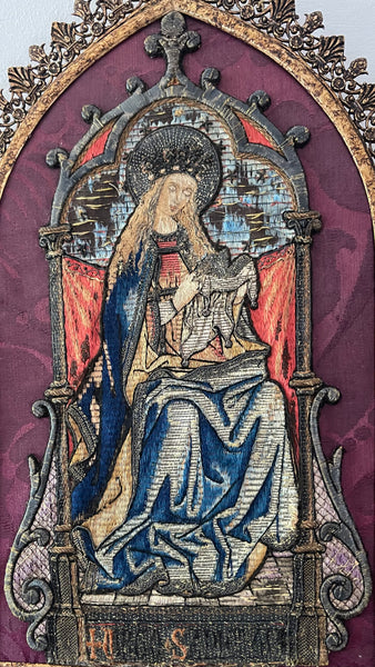 Antique Orphery Embroidery with Mary Queen of Heaven in Gothic Frame: Late C18th / 19th Century England