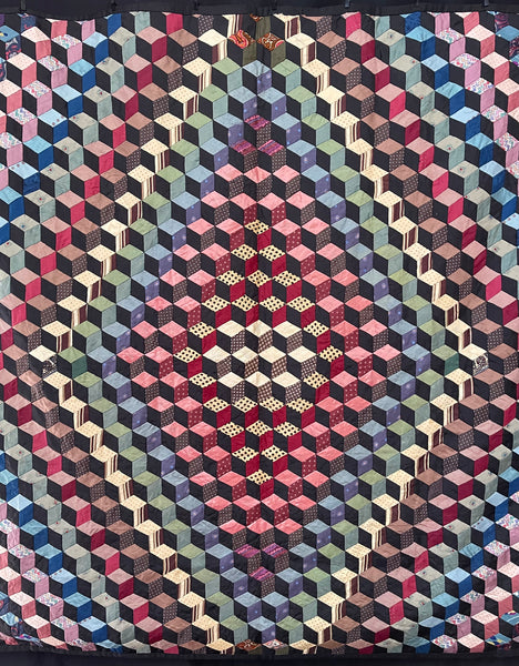 Antique Handmade Tumbling Blocks Silk Patchwork Quilt made with Cravat & Scarf Silks: C1910/20 Britain