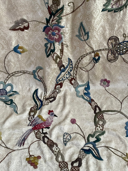Antique Embroidered Crewelwork Tree of Life with Birds: C1910 A.H. Lee, Birkenhead, Britain. 337cm x 126cm