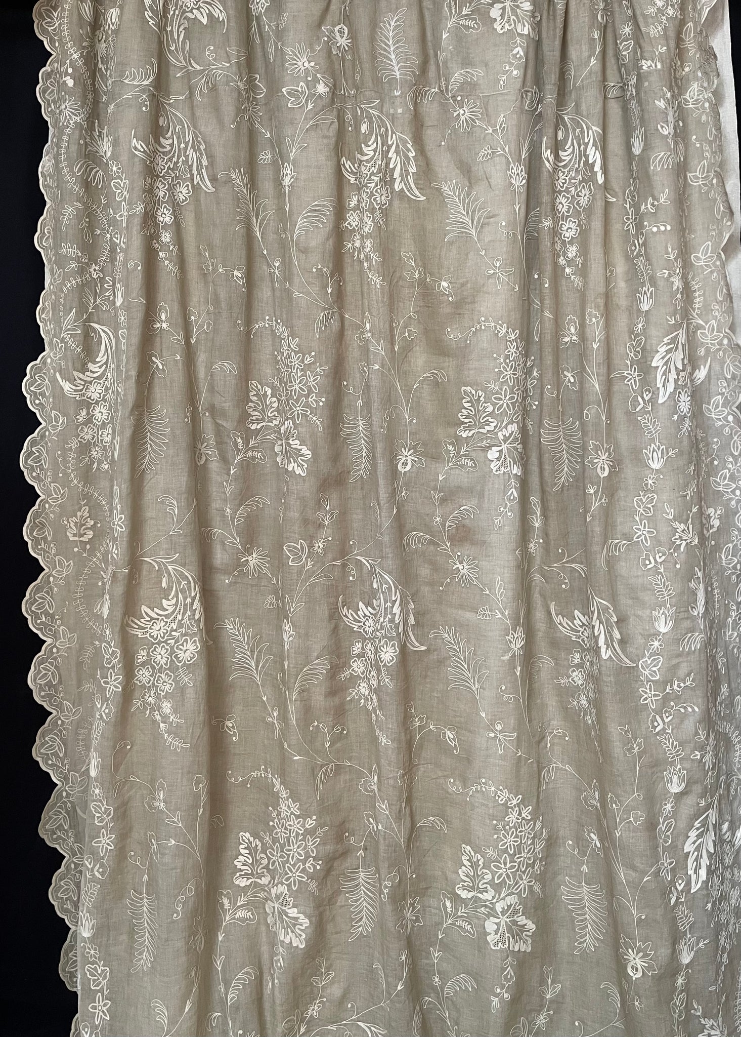 Antique Embroidered Cornely Lace Chateau Curtain Drape: C1900 France