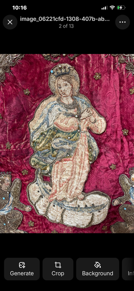 Early Embroidered Silk Velvet Church Wall Hanging With Madonna: C17th Italy