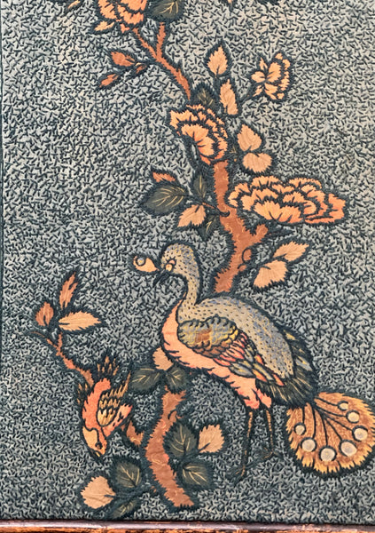 Antique Crewelwork Embroidered Tree of Life Wallhanging in Antique Japanese Bamboo Frame (2): C1900 Britain