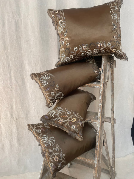 Antique Bespoke Silk Embroidered Zardozi Cushions Medium Size: C19th India