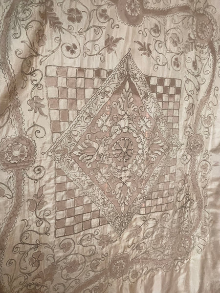 Ottoman Antique Silk Cutwork & Silver Thread Embroidered Bedcover: C1910 Turkey