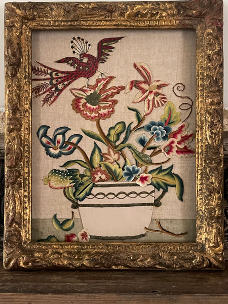Charming Appliquéd Still Life with Early 18th Century Silk Embroidered Flowers, Bird and Fruit: C1910 English