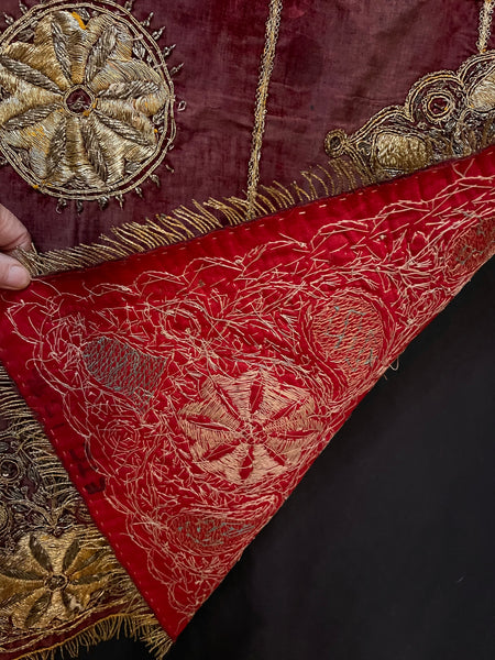 Antique Gold Gilt Thread Embroidered Silk Velvet Cover : C19th India