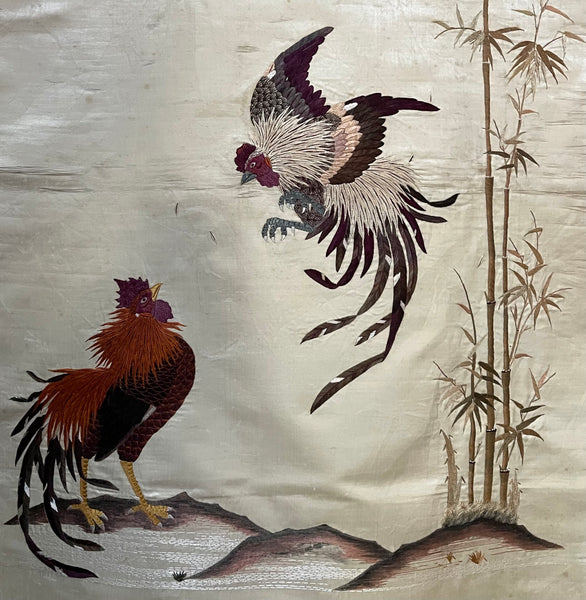 Fine Antique Silk Embroidered Wall Hanging with Cockerels: C19th China