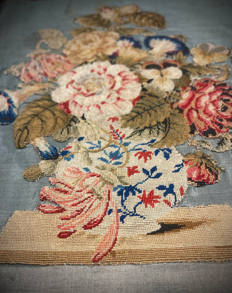 Needlework Tapestry Still Life Vase Garden Flowers: C19th English