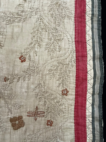 Rare Antique Hand Embroidered Kantha Quilt with Birds & Trees of Life: 19th Century, Bangladesh