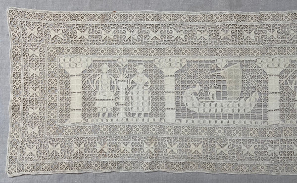 Antique Reticula Needlepoint Figurative Lace Panel Viking Ship: C1910 Europe