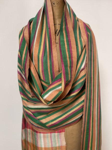 Antique Handwoven Silk Shawl Collectable Wrap Striped Silk Stole Dupatta: C20th Northern India