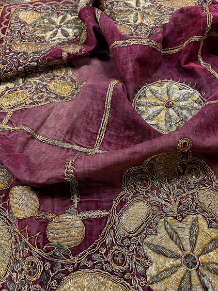 Antique Gold Gilt Thread Embroidered Silk Velvet Cover : C19th India