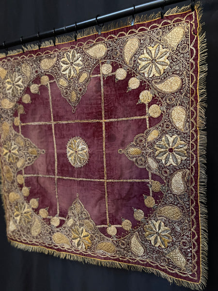 Antique Gold Gilt Thread Embroidered Silk Velvet Cover : C19th India