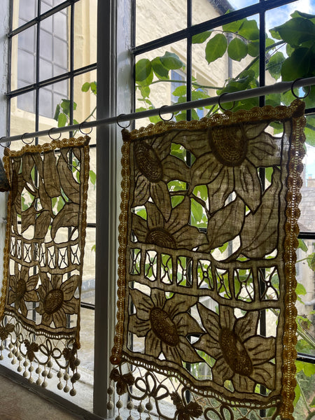 Pair Antique Art Deco French Richelieu Embroidered Linen Cafe Curtains Handmade Sunflower Motif