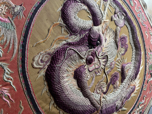Extraordinarily Fine Stumpwork Embroidered Dragon Chasing Pearl: C1900 China