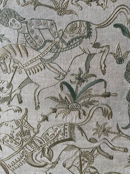 Rare Fine Crewelwork Embroidery with Hunting Scene in Safavid, Persian Style: C18th Europe