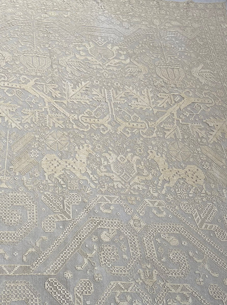 Antique Early Figurative Filet Lace Curtain Mythological Beasts Birds Tree of Life Hand Embroidered: C18th Italy
