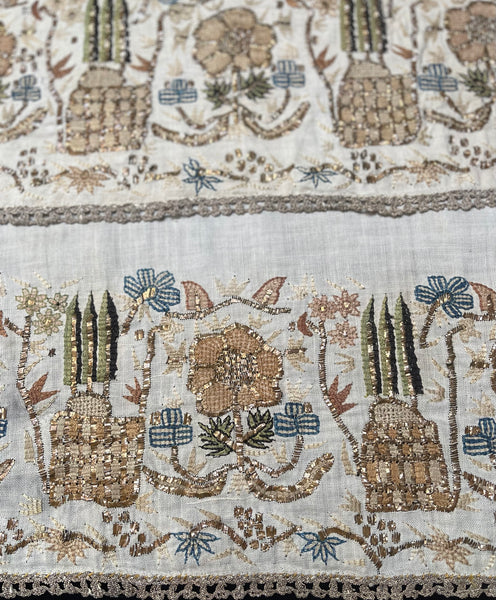 Pair Antique Ottoman Embroideries Silk and Metal Thread With Architectural & Garden Elements: C19th Turkey