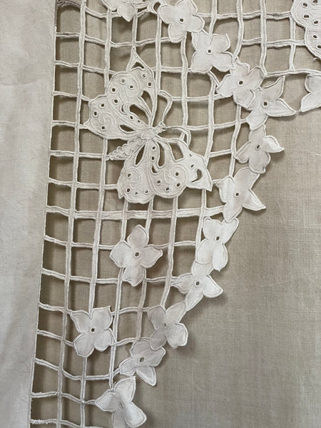 Art Deco Cutwork Embroidered Panel Wallhanging with Trellis, florals and Butterflies: C1920 France