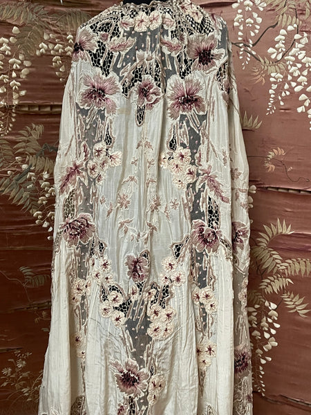 Antique Edwardian Art Nouveau Embroidered and Appliquéd Florals Silk Cape: C1910 France