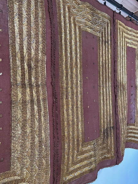 Antique Gold Thread Embroidered Panel Curtain Wallhanging:C20th Indonisia