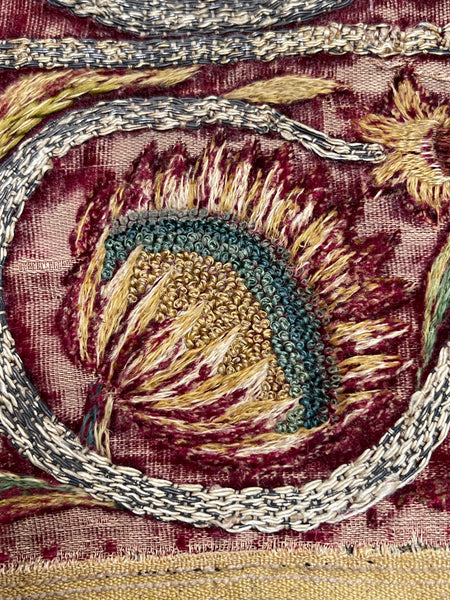 Early Silk and Metal Thread Embroidered Velvet Panel with Peacock and Flowers: C17th Italy or Spain