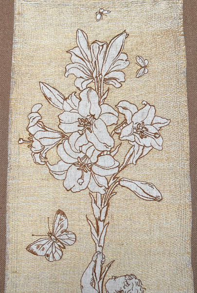Antique Art Nouveau Silk Embroidery with Cupid & Lily in the manner of Walter Crane: C1900 England