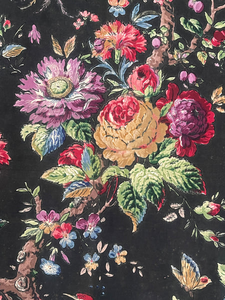 Original Antique Block Printed Chintz with Birds of Paradise and Florals: Late 18th early 19th century