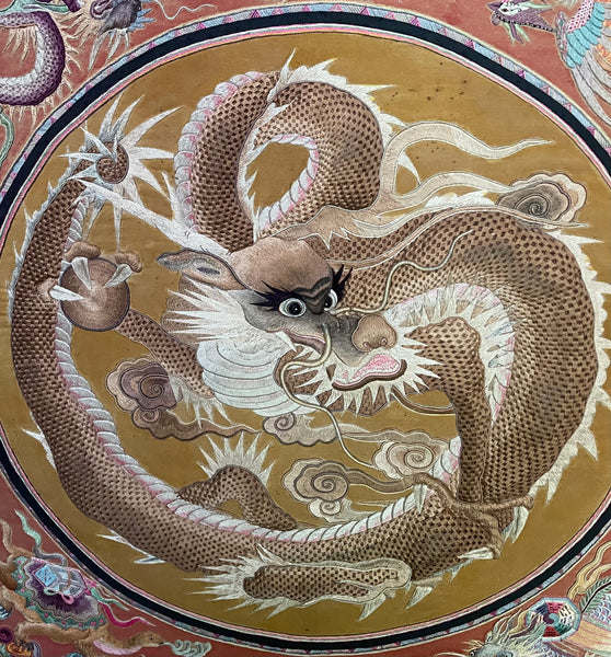 Extraordinarily Fine Stumpwork Embroidered Dragon Chasing Pearl: C1900 Asia