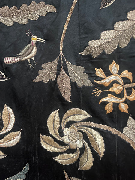 Antique Hand Embroidered Tree of Life Silk Wallhanging with Birds & Flowers: C19th Anglo Indian