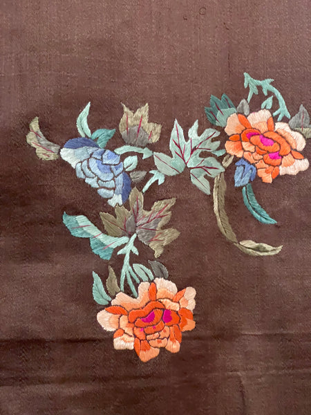 Fine Silk Embroidered Wallhanging with Symbolic Bats, Butterflies, Peonies: C19th China for export