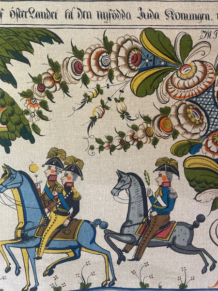 Large Swedish Folk Art Print Linen Wall Hanging: C1950s translation 19th Century Wall Paintings, Sweden